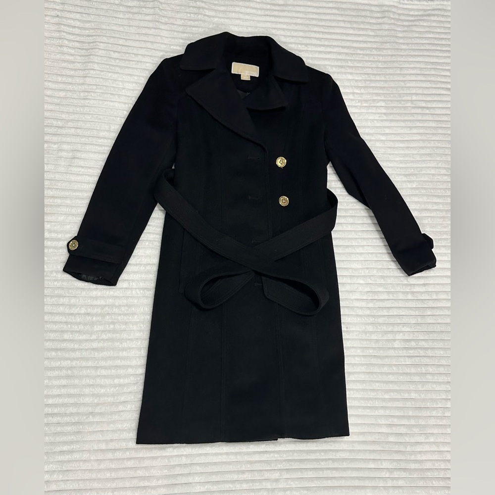 Michael Kors Black Trench Coat with Side Gold Button Detail and Detachable Hood